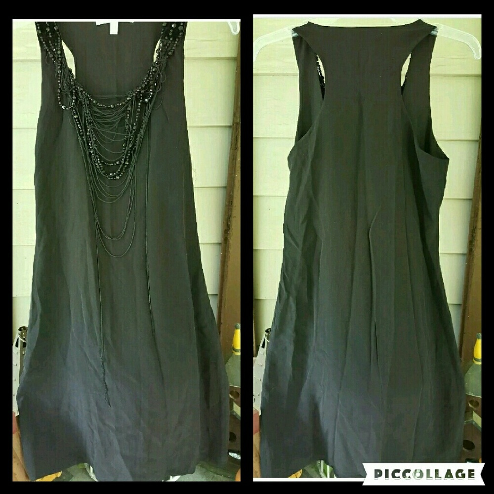 Jenny Han Beaded Fringed Silk Drapey Shift black little mini Dress boho chic